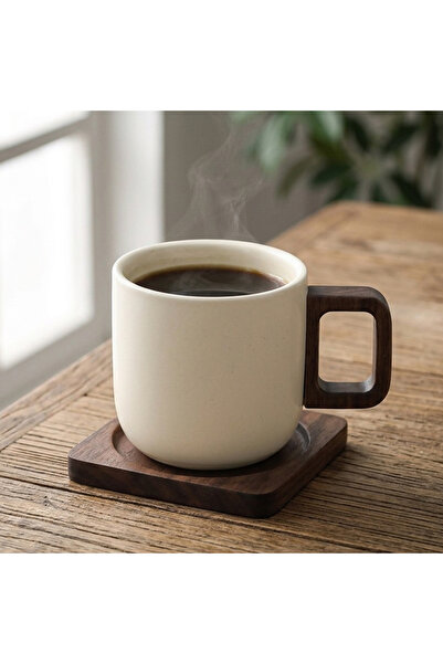 Destello ®   Κεραμική κούπα καφέ με τετράγωνη λαβή, από κεραμικό και ξύλο, Λε...