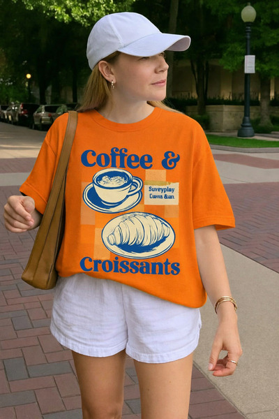 BENROMA Μπλουζάκι με στάμπα κρουασάν καφέ, oversized unisex μπλουζάκι 1PV6