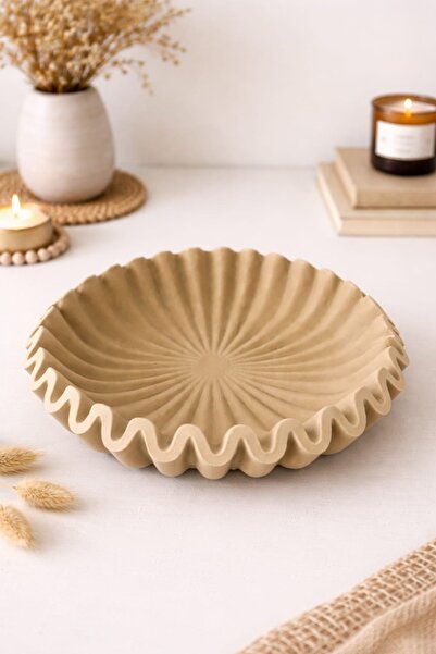 Baalaa Dalgalı Kenar Dekoratif Sunum Tabağı –3DPlastik-Modern Minimal Bej Tep...