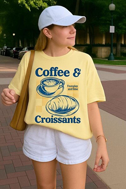 DM DOLCE MORE Μπλουζάκι με στάμπα κρουασάν καφέ, oversized unisex μπλουζάκι 1PV6