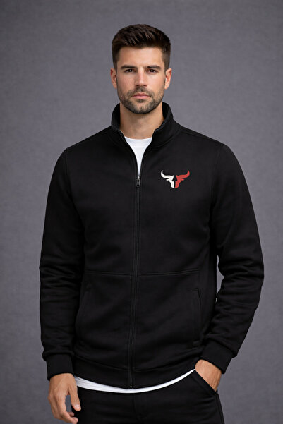 NOFLEN Men's Logo Printed Scuba Gray Black Zippered Jacket