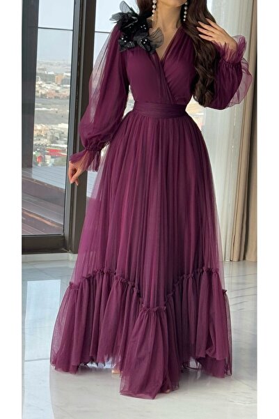 Opera Fashion فستان سهرة طويل قماش تل برغندي طويل