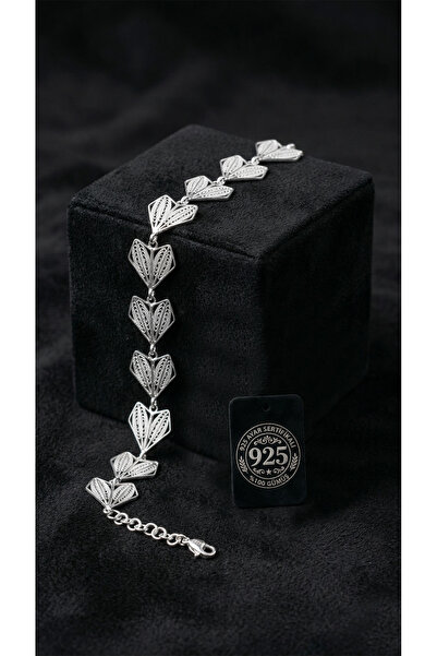Roza Silver 925 Ayar Geleneksel Telkari El İşi Origami Kalp Motifli Kelepçe G...