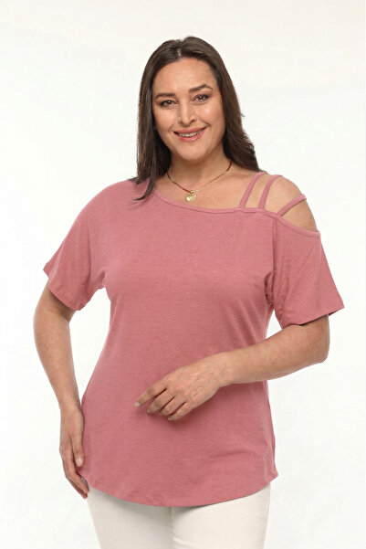 Curvy Trend Μπλούζα μεγάλου μεγέθους ασύμμετρη με 3 τιράντες και κοντό μανίκι