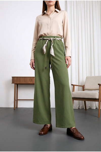 MODAQU Λινό παντελόνι με φαρδιά μπατζάκια και ελαστική μέση - Χακί