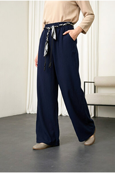 MODAQU Λινό παντελόνι με φαρδιά μπατζάκια και ελαστική μέση - Ναυτικό μπλε