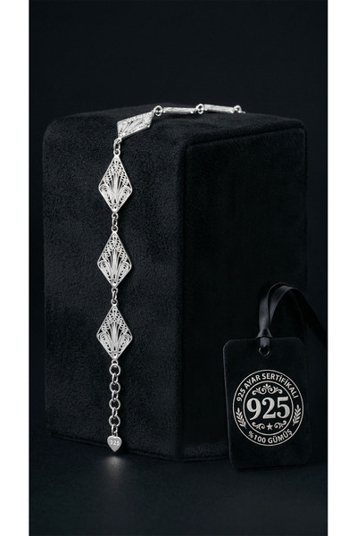 Roza Silver 925 Ayar Geleneksel Telkari El İşi Karo Mekik Motifli Sıralı Gümüş Bileklik