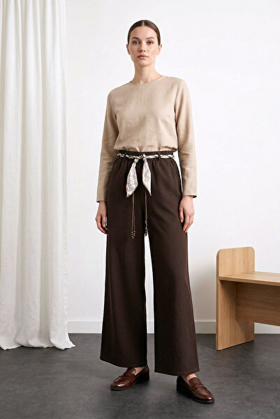 MODAQU Λινό παντελόνι με φαρδιά μπατζάκια και ελαστική μέση - Καφέ