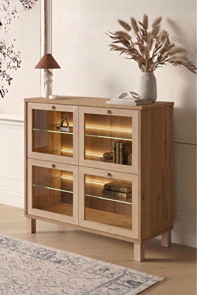 Yurudesign Venice Çok Amaçlı Dolap Vitrin Ahşap Ayaklı Cam Kapaklı LED Aydınl...