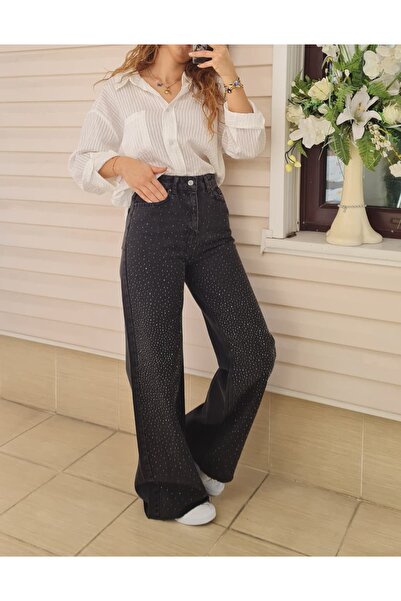 Telablanka Stone Embellished Smoked Denim Palazzo Trousers with Cut-Off Legs_...