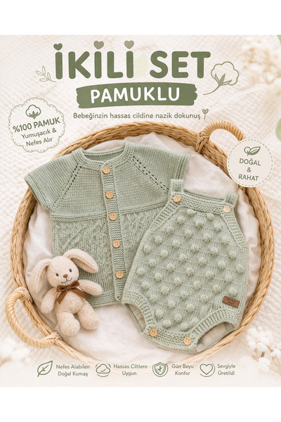 Handmade El Örgüsü Bebek İkili Takım – Yelek+Tulum Anti Alerjik Pamuklu İplik...