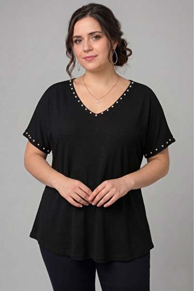 Curvy Trend Μπλούζα μεγάλου μεγέθους με λαιμόκοψη V και κοντά μανίκια, διακοσ...