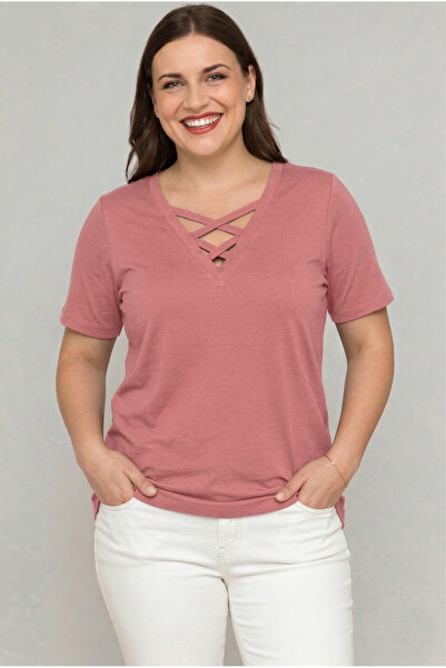 Curvy Trend Μπλούζα μεγάλου μεγέθους με λαιμόκοψη V και χιαστί λουράκια, κοντ...