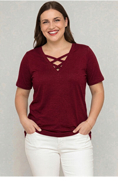 Curvy Trend Μπλούζα μεγάλου μεγέθους με λαιμόκοψη V και χιαστί λουράκια, κοντ...