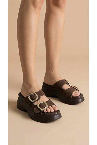 Moda Lime Double Buckle Detail High Wedge Heel Lu Suede Comfortable Women's S...