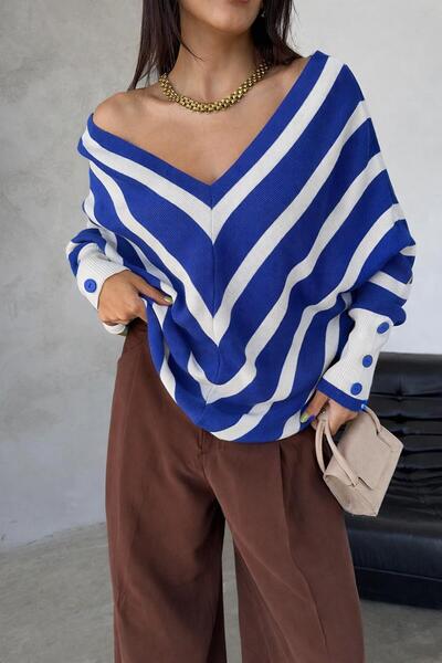 DOQU MILANO Women's V-Neck Striped Oversize Knit Sweater