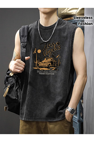 bellanova Ανδρικό αμάνικο μπλουζάκι σε ανθρακί αντικέ χρώμα με πλυμένη όψη κα...