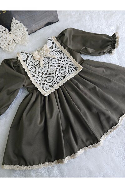 Elwirababyboutiqe Χακί πράσινο vintage φόρεμα με λεπτομέρεια από δαντέλα γκου...