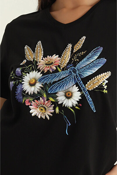 MetuCA Γυναικείο μπλουζάκι με λαιμόκοψη V, μαύρο βαμβακερό, με κεντημένες χάν...