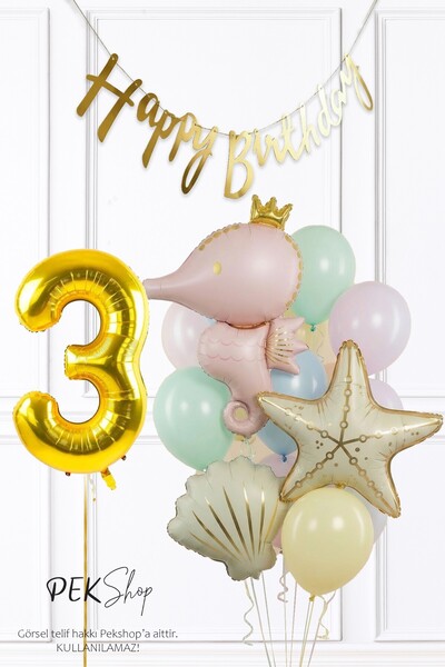 PEKSHOP 3 Year Old Retro under the Sea Theme 3 Year Old Birthday Seahorse Sta...