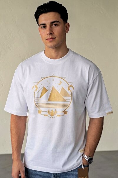 Erkek Beyaz Oversize Bisiklet Yaka Piramit Baskılı %100 Pamuklu T-shirt