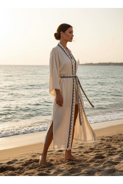DNRYSL Handmade Süzene Embroidered Beach Kaftan, 60% Linen 40% Cotton , Breathable and Quick-Drying Fabrics