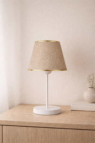 Eslight Soleva Modern Dekoratif Koyu Bej Kumaş Şapkalı Masa Lambası Gold Deta...