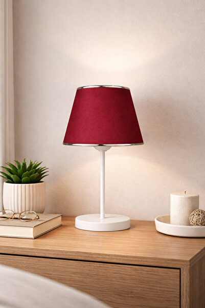 Eslight Soleva Modern Dekoratif Bordo Kumaş Şapkalı Masa Lambası Krom Detaylı...