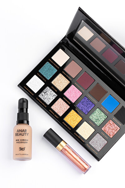 Anar Beauty 18 Renkli Far Paleti+BB Krem (Medium)+Lip Oil Gloss (Honeydew)+3'...