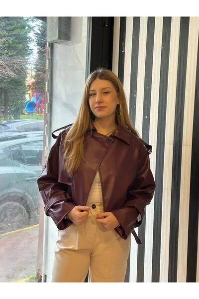 Markasız ucuz Kadın Bordo Suni Deri Ceket Oversize Crop Biker Mont Şık Günlük...