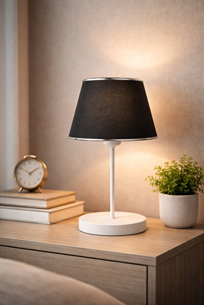 Eslight Soleva Modern Dekoratif Siyah Kumaş Şapkalı Masa Lambası Krom Detaylı...