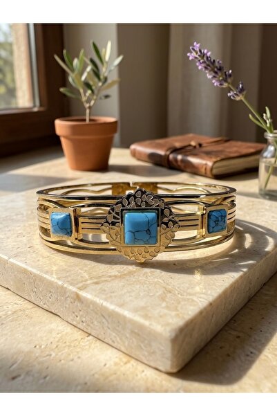 Meneva Aksesuar Turquoise Stone Bohemian Model Gold Color Stainless Steel Han...