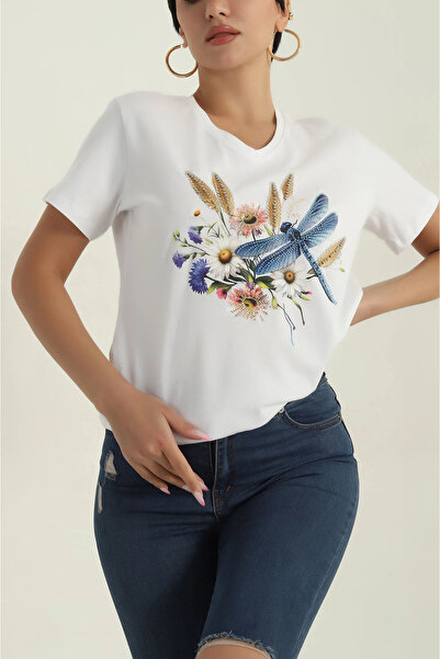 MetuCA Γυναικείο μπλουζάκι με λαιμόκοψη V, από λευκό βαμβάκι, με κεντημένες λ...