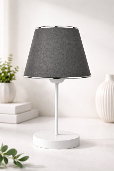 Eslight Soleva Modern Dekoratif Antrasit Kumaş Şapkalı Masa Lambası Krom Deta...