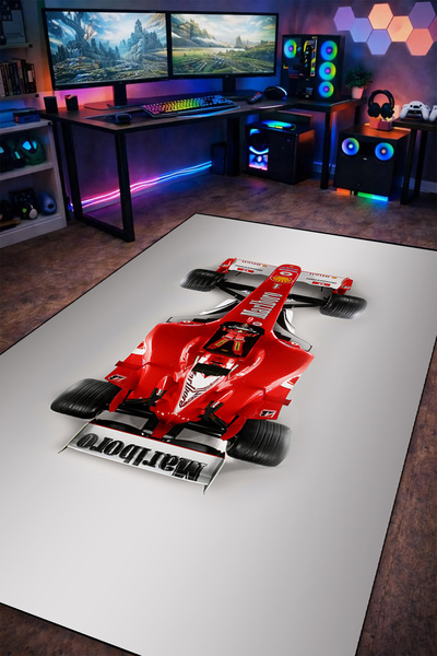 gxe.art Formula 1 Kırmızı Yarış Arabası Halı Kaymaz Taban Yıkanabilir Spor Te...