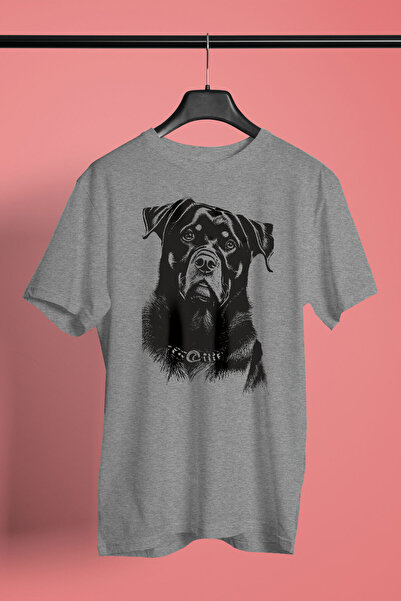 Siyah Beyaz Rottweiler -Baskılı Unisex Gri Tişört - T-Shirt UT006