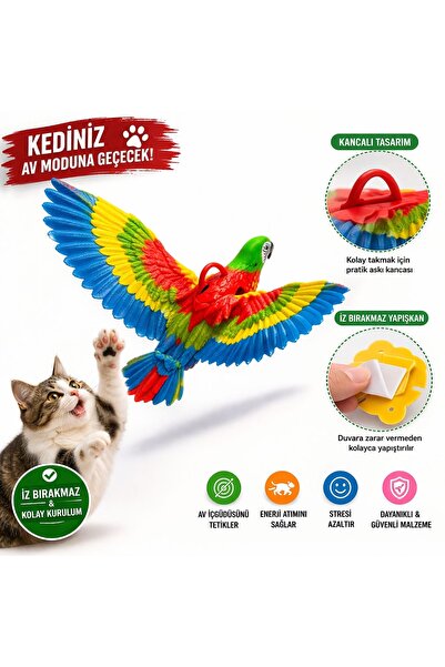 HAYHAYPETSHOP Duvara Asılabilir Uçan Papağan Kedi Oyuncağı – İnteraktif Harek...