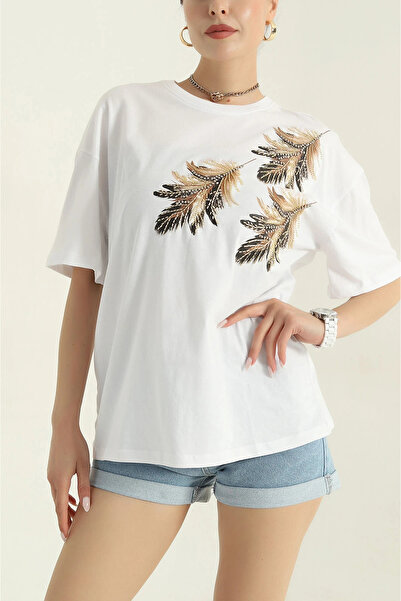 MetuCA Γυναικείο λευκό βαμβακερό μπλουζάκι με λαιμόκοψη ποδηλάτου, κεντημένο ...