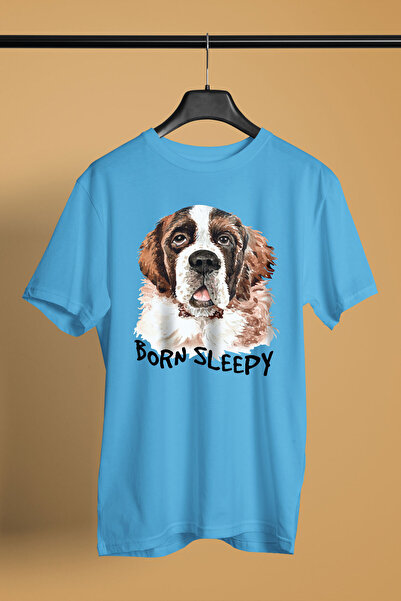 Uyumak İçin Doğmuş Saint Bernard -Baskılı Unisex Turkuaz Tişört - T-Shirt UT003