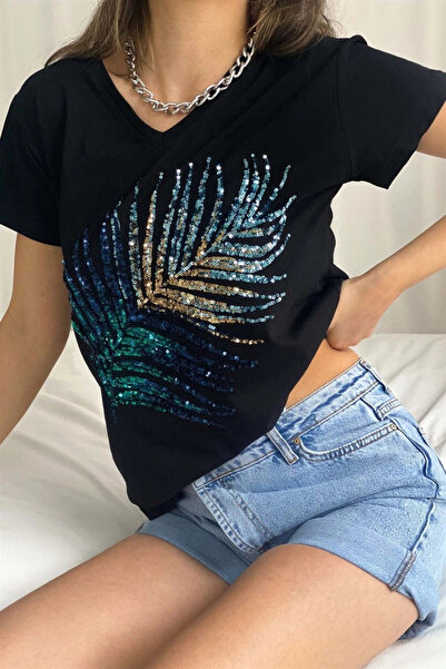 MetuCA Γυναικείο μπλουζάκι με μαύρη λαιμόκοψη V και παγιέτες από φύλλα φοίνικ...
