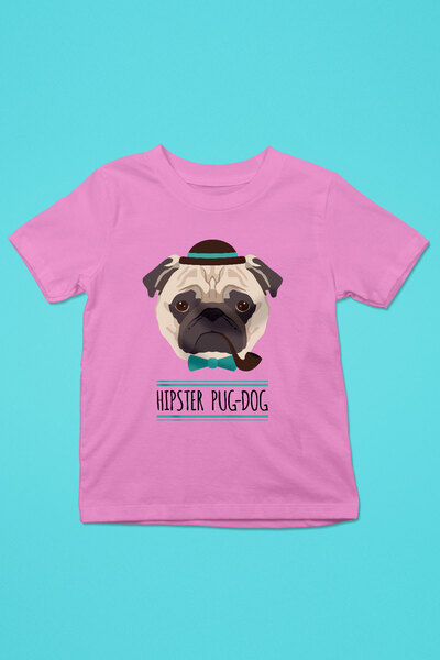 Hipster Pug - Baskılı Unisex Pembe Çocuk Tişört - T-Shirt CT002