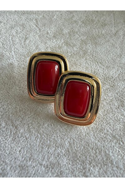 saaden jewelry SAADEN KARE BORDO TAŞLI GOLD KÜPE