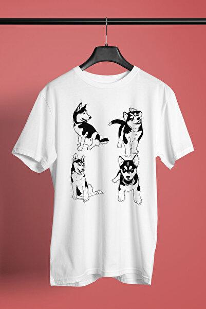 Yavru Sibirya Kurdu Husky Haski -Baskılı Unisex Beyaz Tişört - T-Shirt UT007