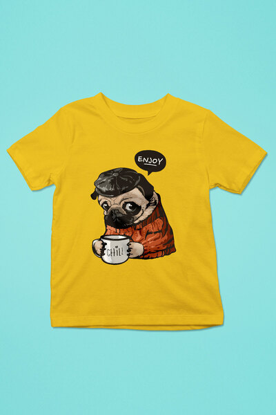 Kahve Seven Pug - Baskılı Unisex Sarı Çocuk Tişört - T-Shirt CT004