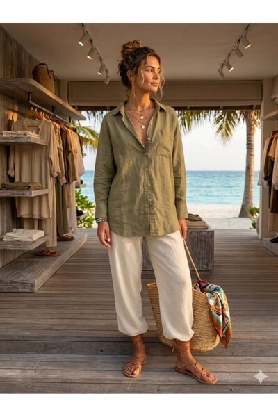 CGA Λινό Γυναικείο Πουκάμισο Χακί Λινό Πουκάμισο