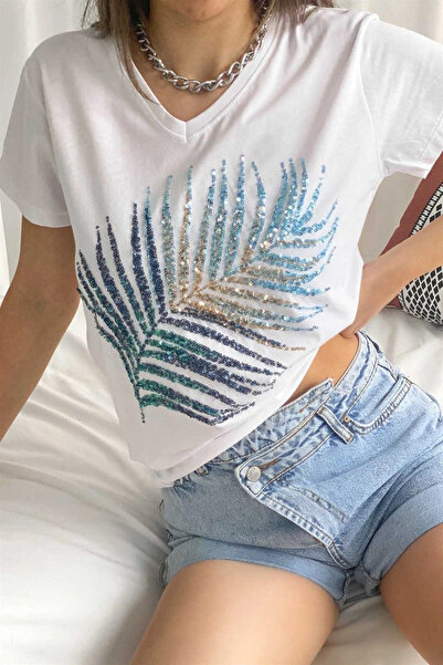 MetuCA Tricou alb de damă, cu decolteu în V, cu frunze de palmier brodate cu ...