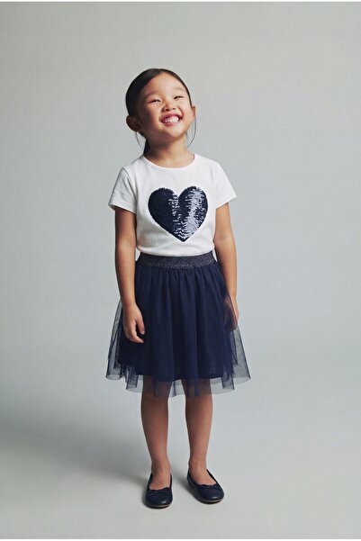Magu Girl's Cotton White Heart Sequined T-Shirt and Navy Blue Tulle Skirt Set