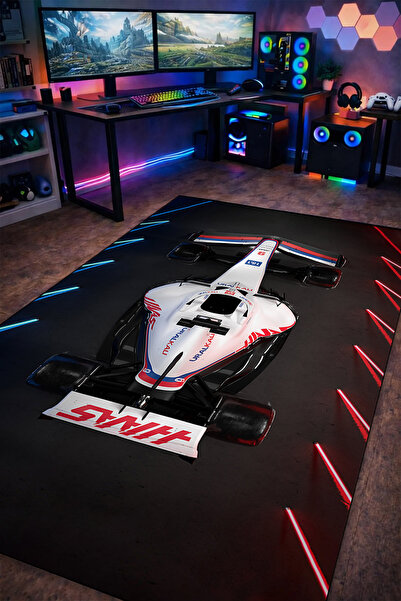gxe.art Formula 1 Beyaz Yarış Arabası Halı Kaymaz Taban Yıkanabilir Modern Ha...