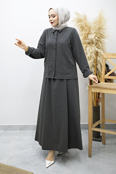 Tesettür Dünyası Σετ φούστας με πουκάμισο και τσέπες TSD260158 Καπνιστό