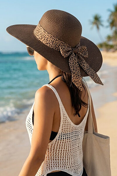 Ritagarcia Γυναικείο ψάθινο καπέλο παραλίας με φαρδύ γείσο και λεπτομέρεια φι...
